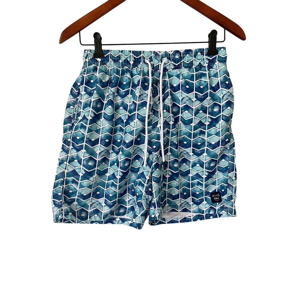Spicy Tuna Mens Blue Geometric Hexagon Print Swim Trunks Mesh Lined Small - Picture 1 of 8